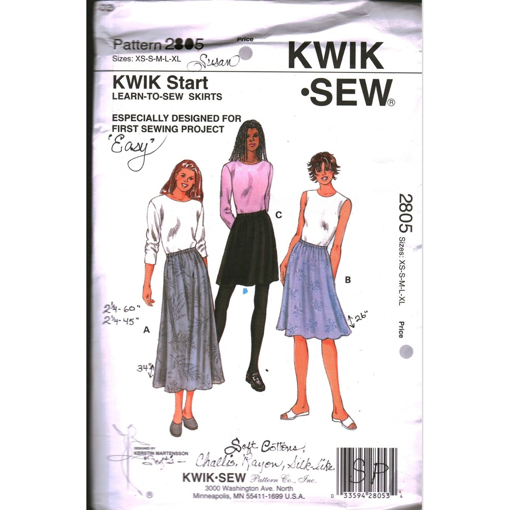 Kwik Sew 2805 Misses Skirts Sewing Pattern XS-XL Flared Elastic Waist Easy DIY